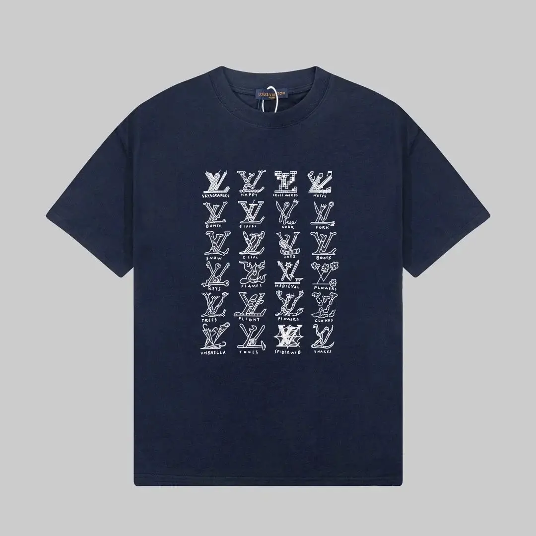 Louis Vuitton Men's Navy Blue T-Shirt with Logo Variations - Luxury Fashion